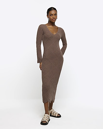 Brown knit bodycon maxi dress