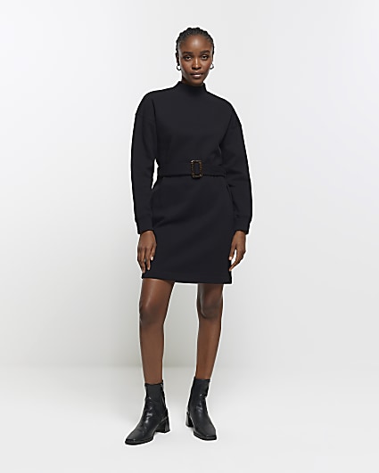 Black Belted Sweatshirt Mini Dress