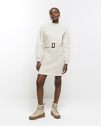 Cream Belted Sweatshirt Mini Dress