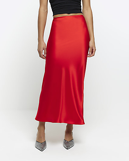 Red satin maxi skirt