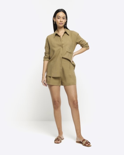 Khaki linen blend high waisted shorts