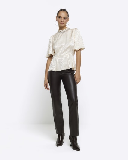 Beige jacquard diamante trim blouse