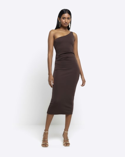 Brown drape detail bodycon midi dress