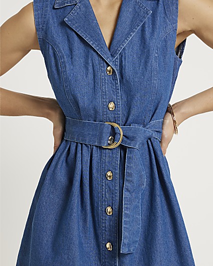 Blue belted denim mini shirt dress