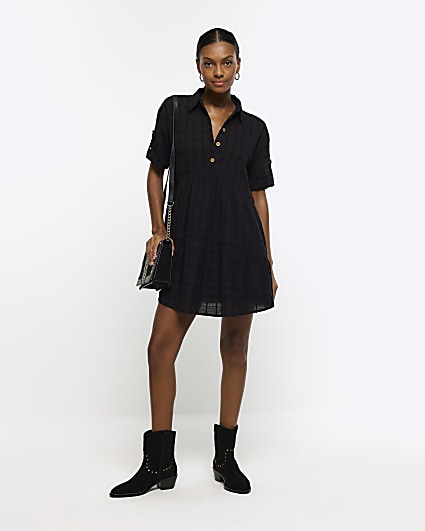 Black textured button up mini shirt dress