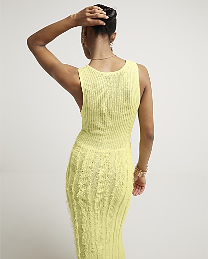 Yellow ribbed fringe bodycon midi dress