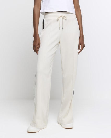 Cream side stripe wide leg joggers