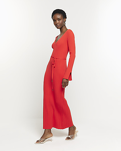 Women's Mini Hoodie Dress - Long Sleeves / Rounded Hemline / Red