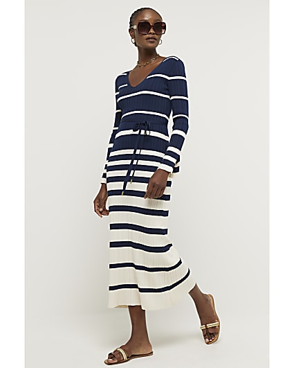 Navy ribbed stripe belted bodycon maxi dress