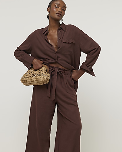 Brown linen blend belted wide leg trousers