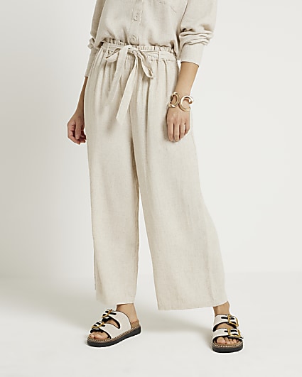 Stone linen blend belted wide leg trousers