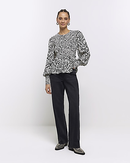 Black abstract shirred blouse