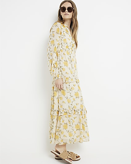 Yellow floral tiered swing maxi dress