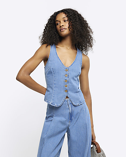 Blue button up denim waistcoat