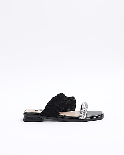 Black suede ruffle strap sandals