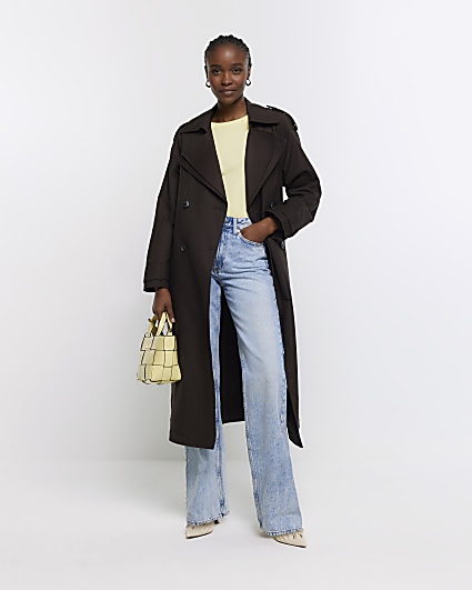 Brown double collar belted trench coat