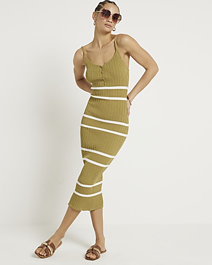 Khaki knit stripe bodycon midi dress