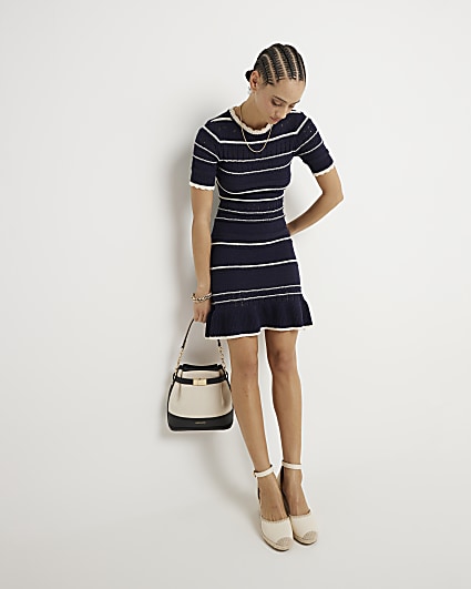 Navy knit stripe peplum skater mini dress