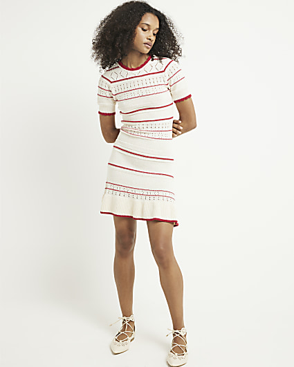 Cream knit stripe peplum skater mini dress