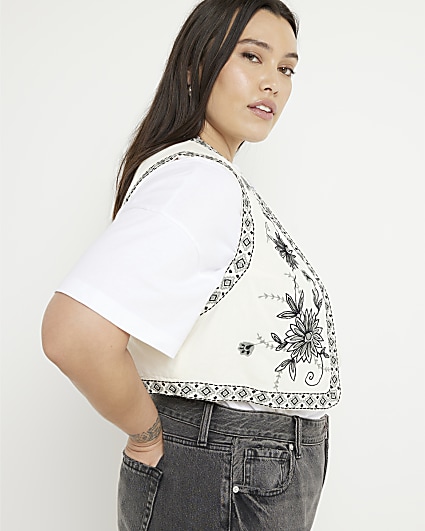 Plus Cream Embroidered Floral Waistcoat