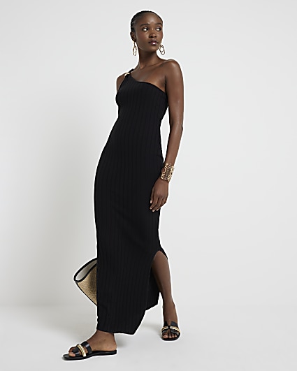 Black knit one shoulder bodycon maxi dress