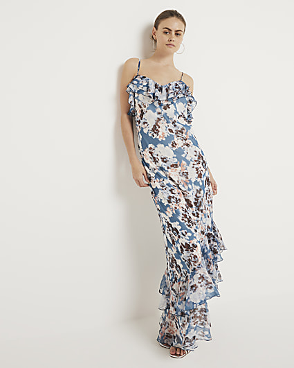 Blue Floral Ruffle Embellished Maxi Dress