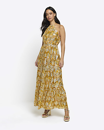 Yellow floral glitter slip maxi dress