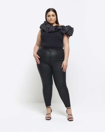 Plus black ruched asymmetric sleeveless top