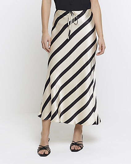 Petite black satin stripe midi skirt