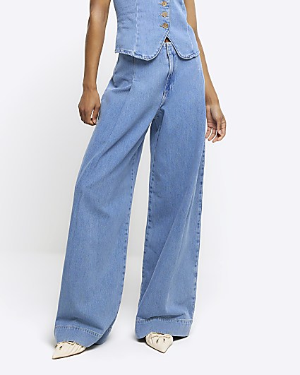 Blue mid rise baggy jeans