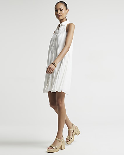 Cream plisse sleeveless mini shirt dress