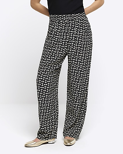 Petite black geometric wide leg trousers