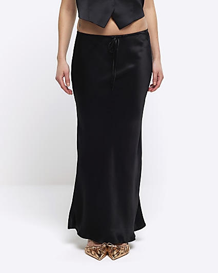 Petite black tie waist maxi skirt