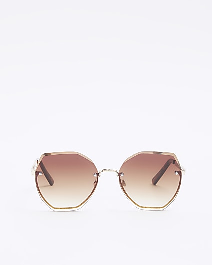 Gold rimless hexagon sunglasses