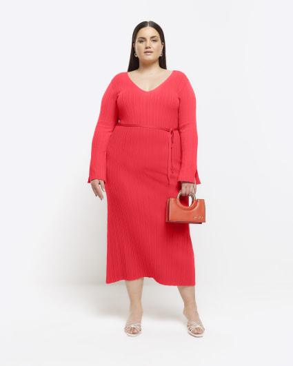 Plus red knit rib jumper maxi dress