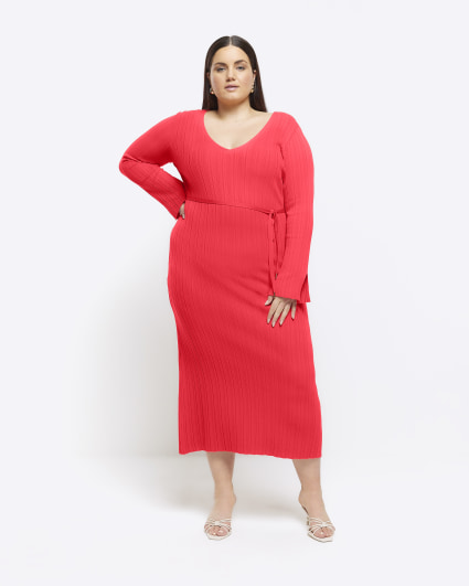 Plus red knit rib jumper maxi dress