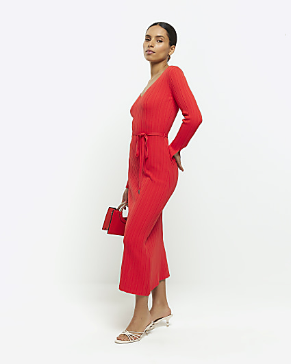 Petite red knit rib jumper maxi dress