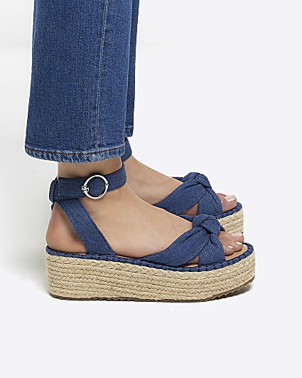 Blue knot denim flatform espadrille sandals
