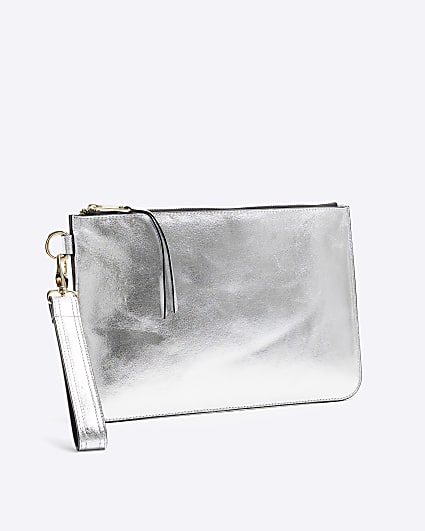 Silver metallic leather clutch bag