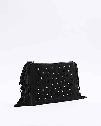 Black suede studded fringed clutch bag