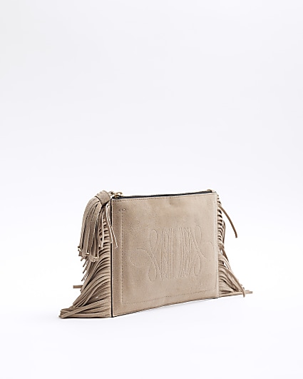 Beige suede fringe pouchette clutch bag