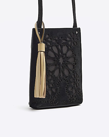 Black suede floral cut out pouch bag