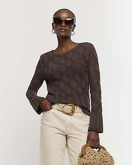 Brown crochet tie back long sleeve top