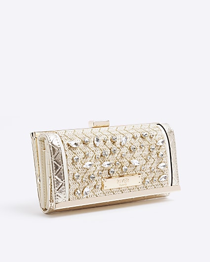 Beige raffia embellished clip top purse