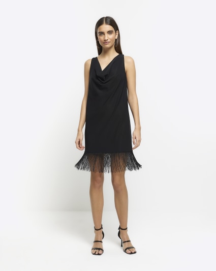 Black fringe hem shift mini dress