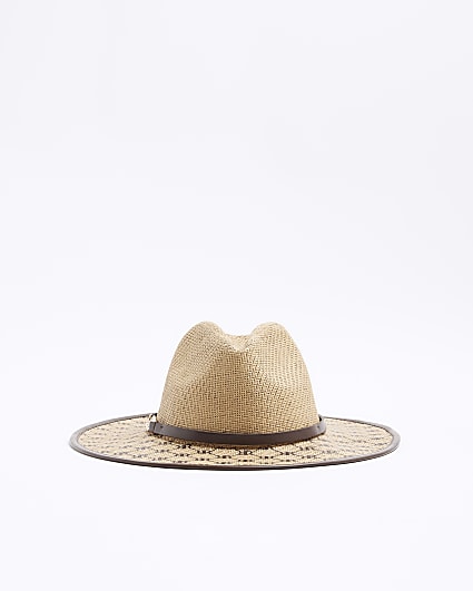 Brown RI monogram straw fedora hat