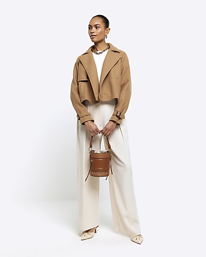 Brown faux wool crop trench coat