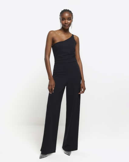 Black one shoulder asymmetric jumpsuit