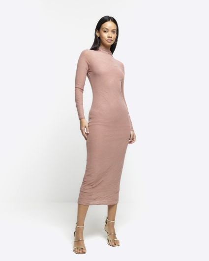 Lagoon Solid Rib Knit Midi Dress - Pink