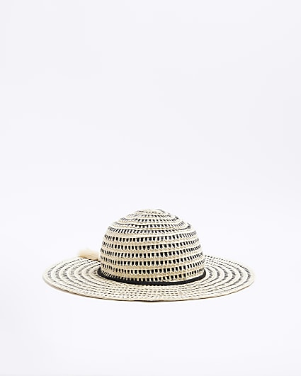 Beige straw striped hat with tassel